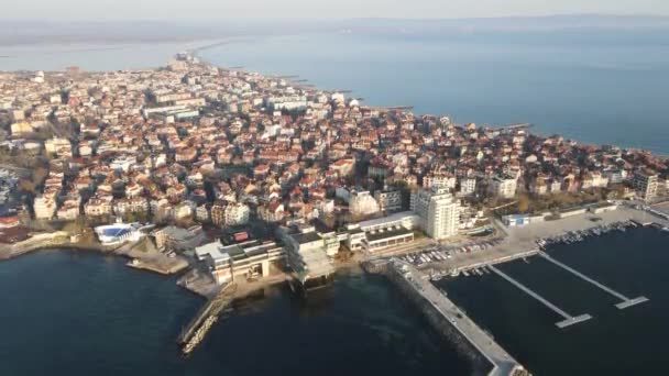 Amazing Aerial Sunrise View Town Pomorie Burgas Region Bulgaria — Vídeos de Stock