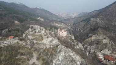 Aerial view of Church of the Holy Mother of God at ruins of Medieval Asen Fortress, Asenovgrad, Plovdiv Region, Bulgaria