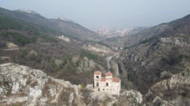 Aerial view of Church of the Holy Mother of God at ruins of Medieval Asen Fortress, Asenovgrad, Plovdiv Region, Bulgaria