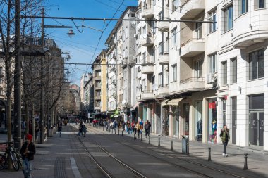 SOFIA, BULGARIA- MARCH 19, 2023: Panoramic view of Graf Ignatiev street in city of Sofia, Bulgaria clipart