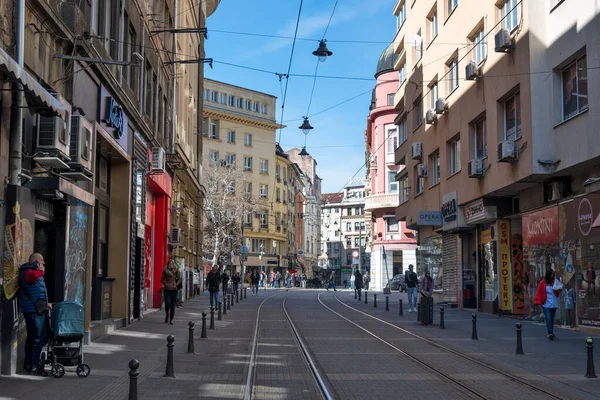 stock image SOFIA, BULGARIA- MARCH 19, 2023: Panoramic view of Graf Ignatiev street in city of Sofia, Bulgaria