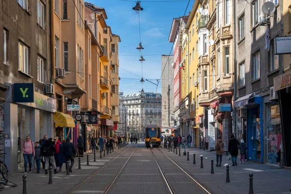 stock image SOFIA, BULGARIA- MARCH 19, 2023: Panoramic view of Graf Ignatiev street in city of Sofia, Bulgaria