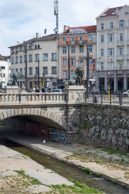 SOFYA, BULGARIA - 31 Mart 2023: Bulgaristan 'ın başkenti Sofya' daki Vladaya nehri üzerindeki Aslan Köprüsü Panoraması