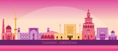 Özbekistan 'ın Taşkent kentinin günbatımı Skyline panoraması - vektör illüstrasyonu