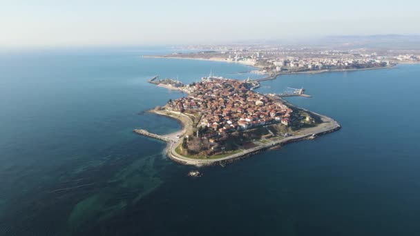 Amazing Aerial Sunrise View Town Nessebar Burgas Region Βουλγαρία — Αρχείο Βίντεο