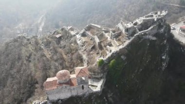 Aerial view of Church of the Holy Mother of God at ruins of Medieval Asen Fortress, Asenovgrad, Plovdiv Region, Bulgaria