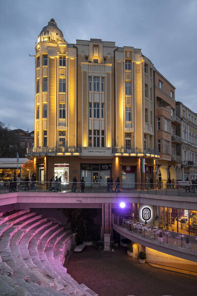 PLOVDIV, BULGARIA - APRIL 8, 2023: Amazing Sunset view of central pedestrian streets of city of Plovdiv, Bulgaria