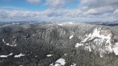 Aerial winter view of Rhodope Mountains around resort of Pamporovo, Smolyan Region, Bulgaria