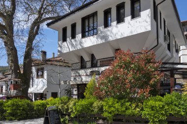 MELNIK, BULGARIA - 13 Nisan 2023: Bulgaristan 'ın Blagoevgrad bölgesindeki Melnik kasabasındaki tipik sokak ve eski evler