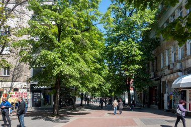 PLOVDIV, BULGARIA - 28 Nisan 2023: Bulgaristan 'ın Plovdiv kentinin orta yaya sokaklarının panoraması