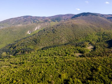 Bulgaristan 'ın Filibe Bölgesi' nin Kuklen kenti yakınlarındaki Rodopes Dağı 'nın hava ilkbahar manzarası