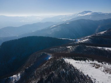 Amazing Aerial winter view of Balkan Mountains around Beklemeto pass, Bulgaria