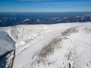 Amazing Aerial winter view of Balkan Mountains around Beklemeto pass, Bulgaria