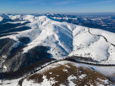 Amazing Aerial winter view of Balkan Mountains around Beklemeto pass, Bulgaria