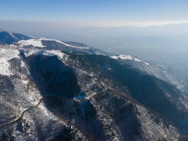 Amazing Aerial winter view of Balkan Mountains around Beklemeto pass, Bulgaria
