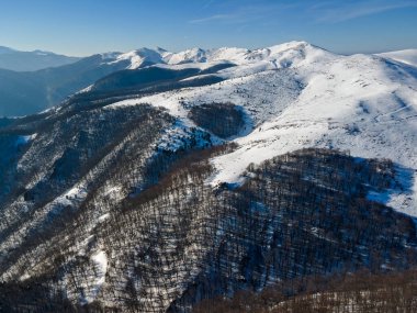 Amazing Aerial winter view of Balkan Mountains around Beklemeto pass, Bulgaria
