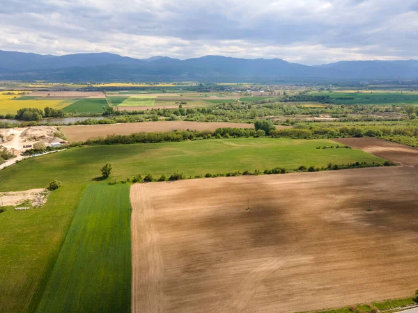 stock image Aerial view of Blooming rapeseed field near village of Kostievo, Plovdiv Region, Bulgaria