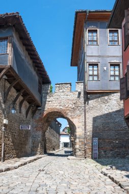 Typical street and houses at The old town of city of Plovdiv, Bulgaria