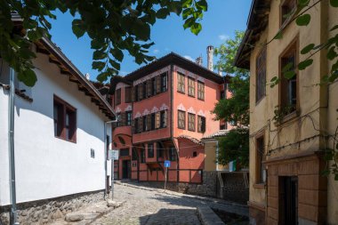 Typical street and houses at The old town of city of Plovdiv, Bulgaria