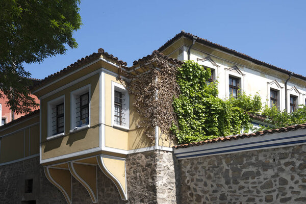 Typical street and houses at The old town of city of Plovdiv, Bulgaria