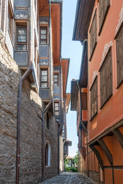 Typical street and houses at The old town of city of Plovdiv, Bulgaria