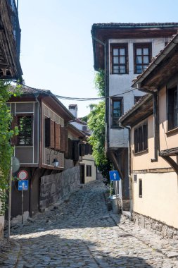 Typical street and houses at The old town of city of Plovdiv, Bulgaria