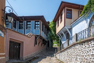 Typical street and houses at The old town of city of Plovdiv, Bulgaria