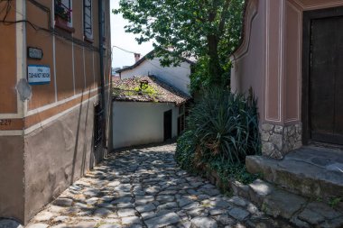 Typical street and houses at The old town of city of Plovdiv, Bulgaria