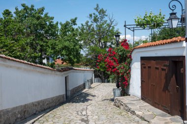 Typical street and houses at The old town of city of Plovdiv, Bulgaria