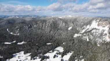 Aerial winter view of Rhodope Mountains around resort of Pamporovo, Smolyan Region, Bulgaria