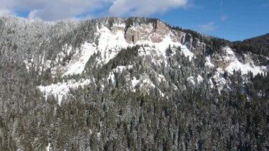 Aerial winter view of Rhodope Mountains around resort of Pamporovo, Smolyan Region, Bulgaria
