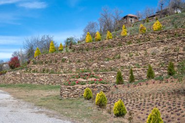 Bulgaristan 'ın Blagoevgrad Bölgesi, Ograzhden Dağı' ndaki Dolene Köyü Panoraması