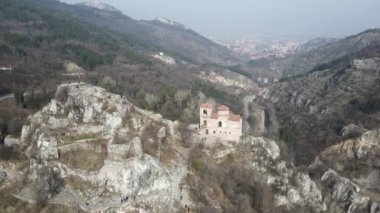 Aerial view of Church of the Holy Mother of God at ruins of Medieval Asen Fortress, Asenovgrad, Plovdiv Region, Bulgaria