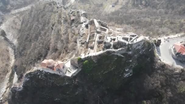 Aerial View Church Holy Mother God Ruins Medieval Asen Fortress — Stockvideo