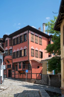 Typical street and houses at The old town of city of Plovdiv, Bulgaria