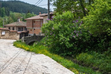 Bulgaristan 'ın Sofya Bölgesi' nin tarihi Koprivshtitsa kentindeki Tipik Sokak ve eski evler