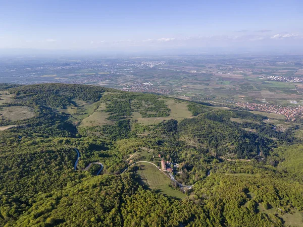 Aerial Spring View Rhodopes Mountain Town Kuklen Obwód Płowdiwski Bułgaria — Zdjęcie stockowe