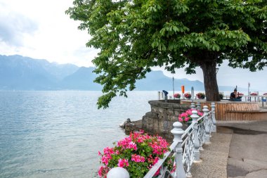 VEVEY, SWitzERLAND - 19 Haziran 2023 Vevey kasabasından Cenevre Gölü, Vaud Kantonu, İsviçre