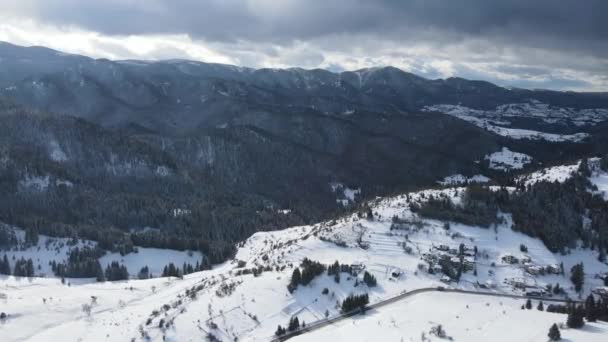 Veduta Aerea Invernale Delle Montagne Rodopi Intorno Villaggio Stoykite Pamporovo — Video Stock