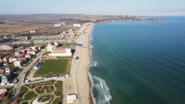 Καταπληκτική Αεροφωτογραφία Της Παραλίας Της Πόλης Obzor Burgas Region Βουλγαρία — Αρχείο Βίντεο