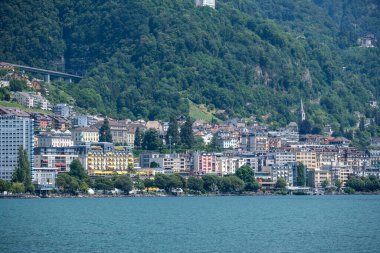 Montreux kasabası Embankment Panoraması, Vaud Kantonu, İsviçre