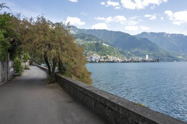 Montreux kasabası Embankment Panoraması, Vaud Kantonu, İsviçre