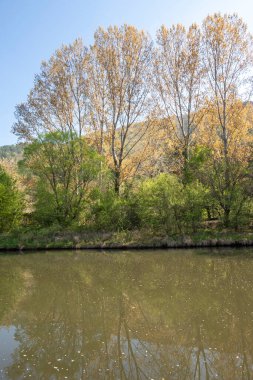 Bulgaristan 'ın başkenti Sofya' nın Pancharevo Gölü yakınlarındaki Iskar Nehri 'nin Bahar Manzarası