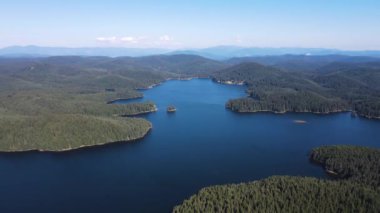 Aerial Summer view of Shiroka polyana (Wide meadow) Reservoir, Pazardzhik Region, Bulgaria
