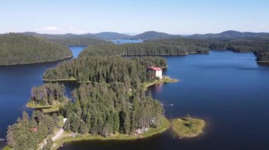 Aerial Summer view of Shiroka polyana (Wide meadow) Reservoir, Pazardzhik Region, Bulgaria