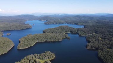 Aerial Summer view of Shiroka polyana (Wide meadow) Reservoir, Pazardzhik Region, Bulgaria