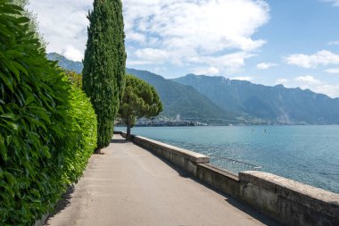 Montreux kasabası Embankment Panoraması, Vaud Kantonu, İsviçre