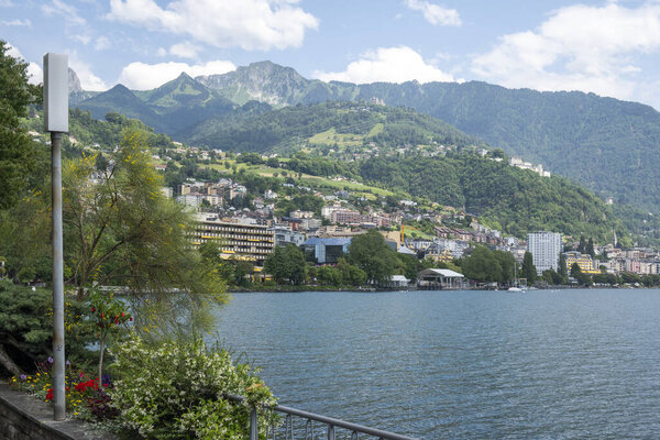 Panorama of Embankment of town of Montreux, Canton of Vaud, Switzerland