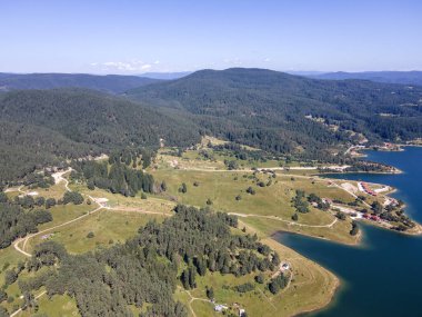 Aerial Summer view of Dospat Reservoir, Smolyan Region, Bulgaria