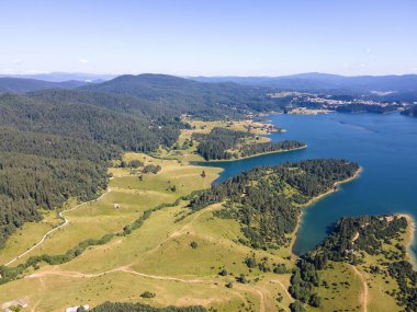 Aerial Summer view of Dospat Reservoir, Smolyan Region, Bulgaria